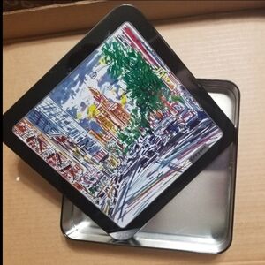 Crayola crayon metal tin storage box, crayola markers, big city street scene